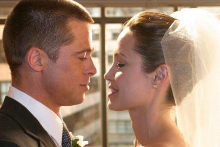 EXCLUSIVE PICTURES
WORLD RIGHTS – Out-take images taken in 2004 on the set of Mr and Mrs Smith. These images, kept by the studio for eight years, show Brad and Angelina lovingly gazing at each other moments after their film characters took their wedding vows. Mr & Mrs Smith. 2004  X17online.com
USA ONLY