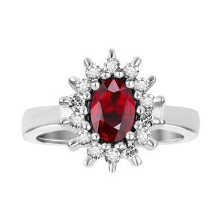 anillo rubi y  diamantes en oro blanco