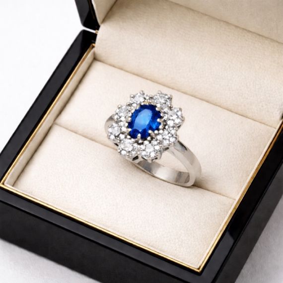 Anillo de zafiro y diamantes estuche