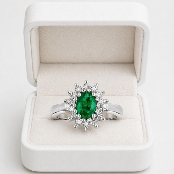 Anillo de esmeralda y diamantes estuche