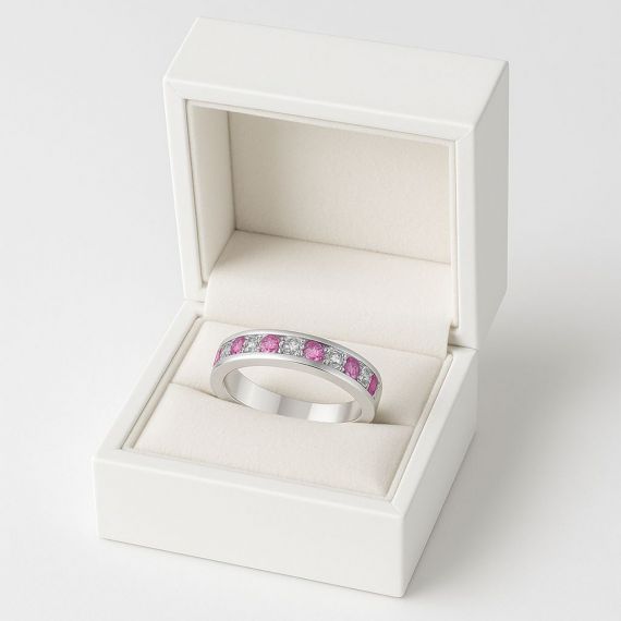 Anillo de zafiro rosa y diamantes IMADI estuche