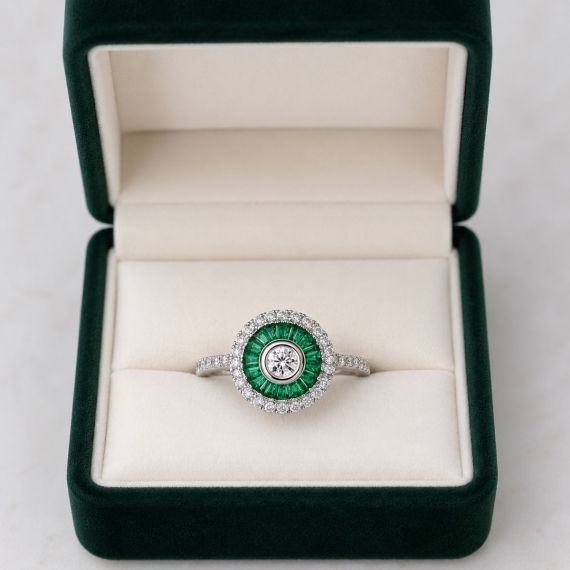 Anillo de granate verde y diamantes OJO de Perdiz estuche
