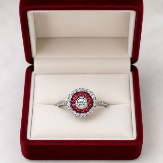 Anillo de rubí y diamantes OJO de Perdiz estuche