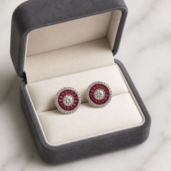 Pendientes de rubí y diamantes Ojo de perdiz estuche