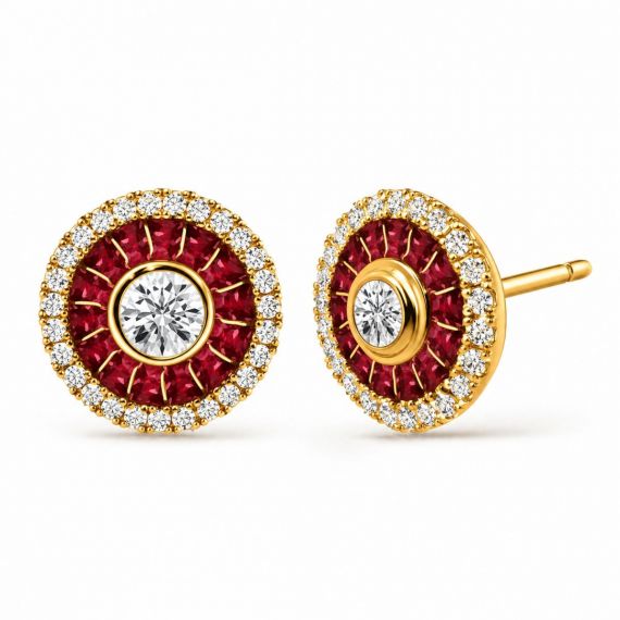 Pendientes de rubí y diamantes Ojo de perdiz oro amarillo